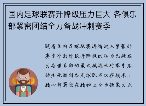 国内足球联赛升降级压力巨大 各俱乐部紧密团结全力备战冲刺赛季