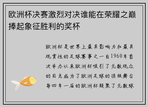 欧洲杯决赛激烈对决谁能在荣耀之巅捧起象征胜利的奖杯