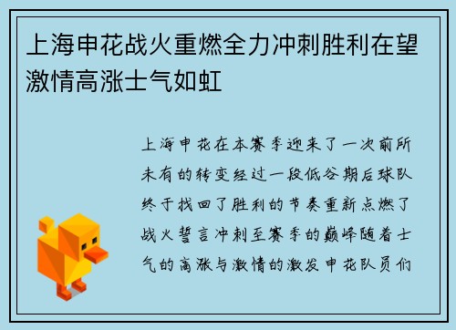 上海申花战火重燃全力冲刺胜利在望激情高涨士气如虹